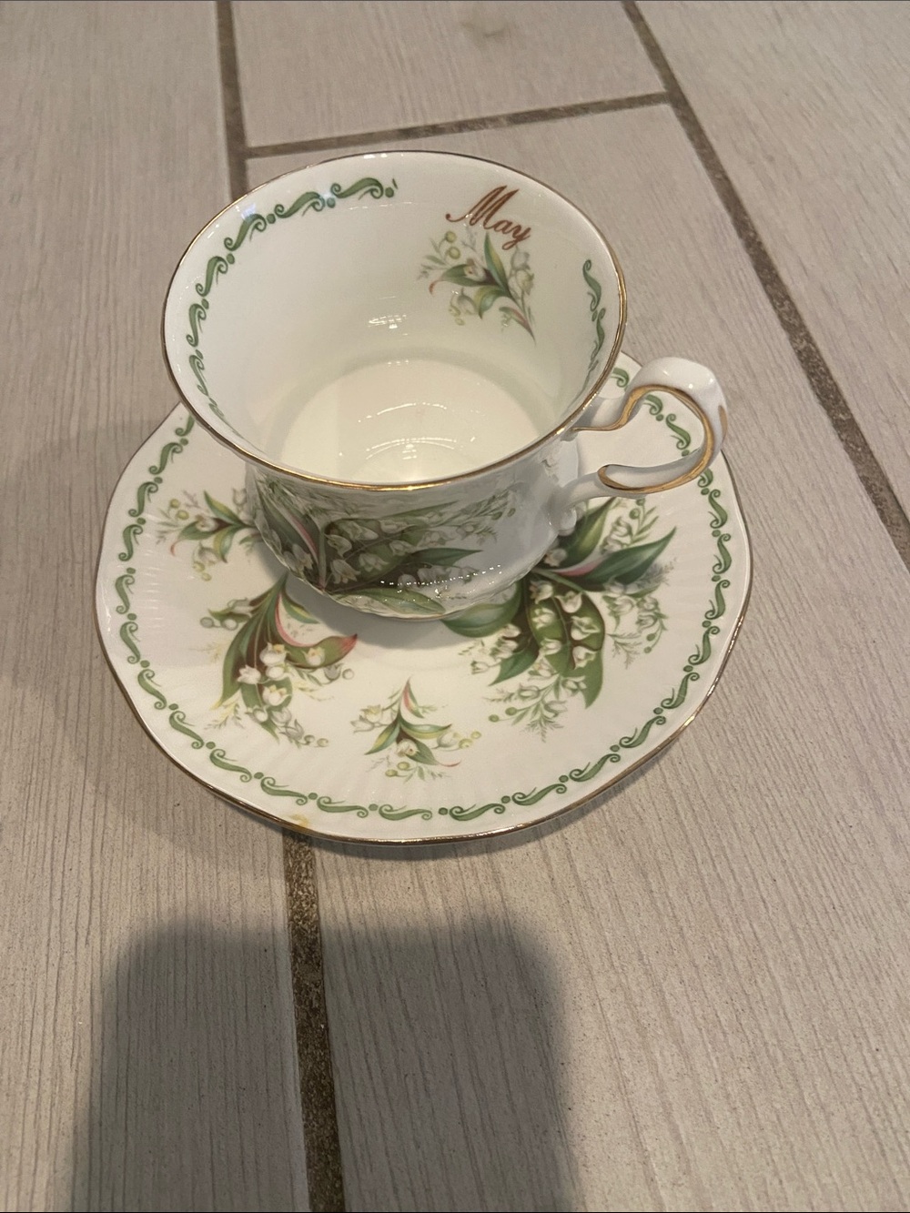 Fine Bone China Teacup & Saucer in White with Green Floral Design